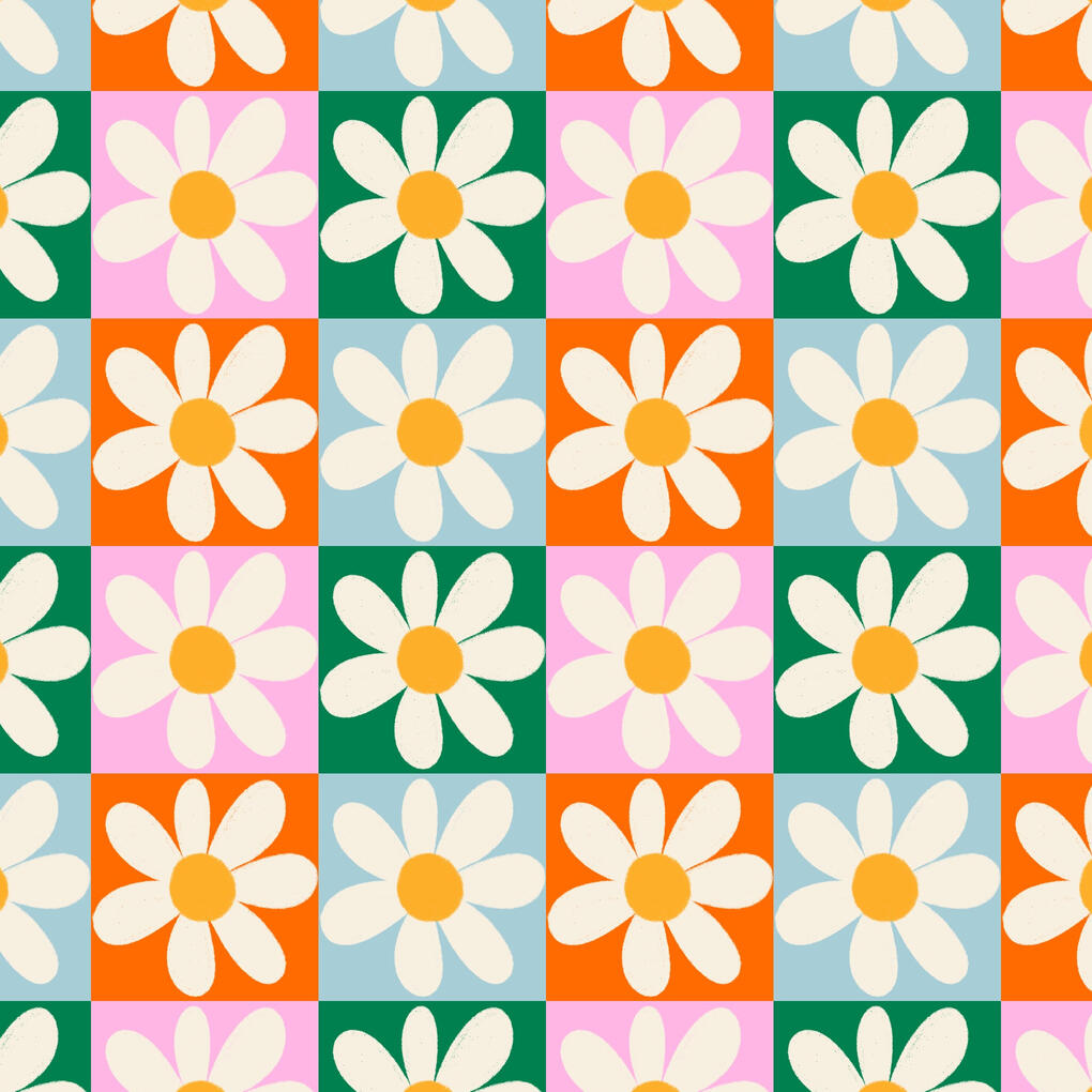 Retro Checkerboard Retro inspired checkerboard pattern in different colors with cream colored hand drawn flowers.