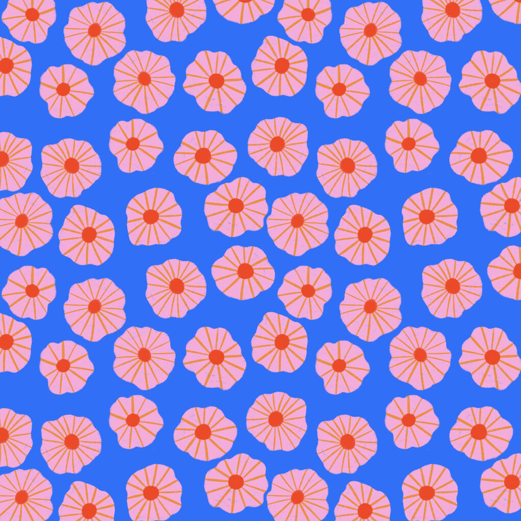 Pink wavy flowers with orange stripes and red dots pattern on blue background.