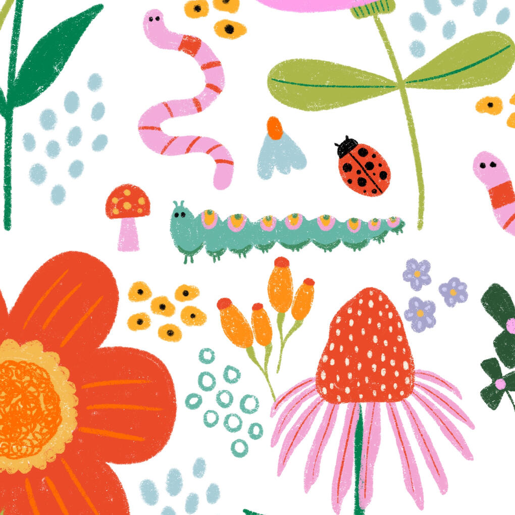 Whimsical garden surface pattern featuring flowers, mushrooms, leaves, ladybugs and colorful botanical motifs.