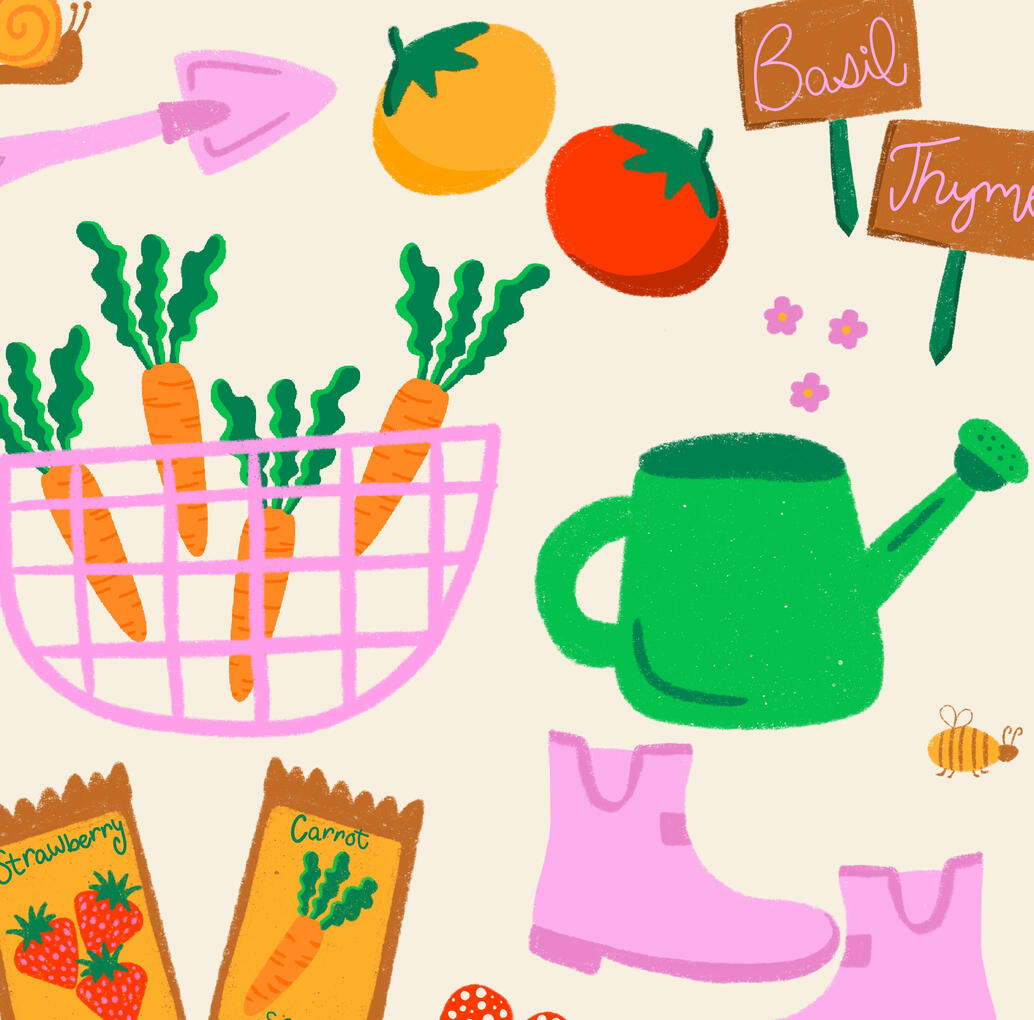 Colorful vegetable garden surface pattern featuring carrots, tomatoes, watering cans and gardening tools.