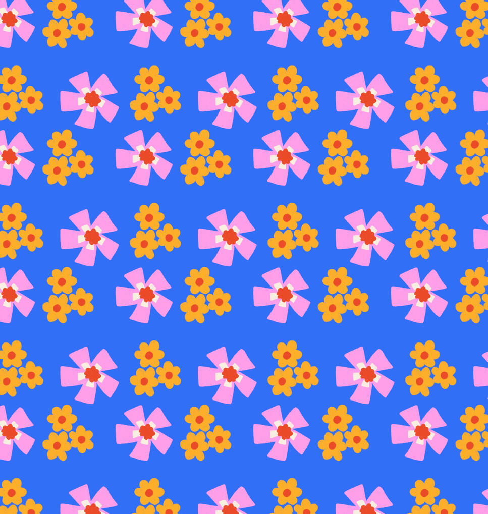 Retro shaped pink and yellow flower pattern on blue background.