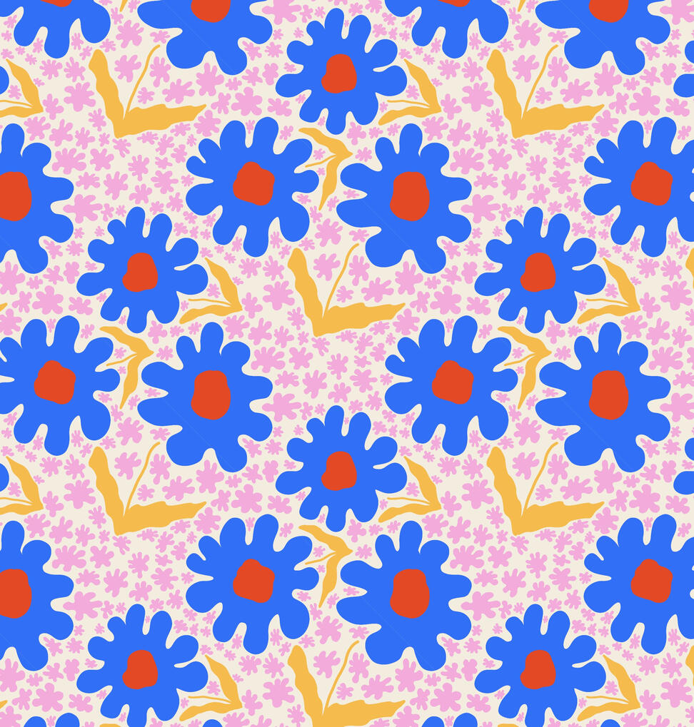 Blue retro Flowers Blue squiggly shaped flowers with bright red middles and yellow stems, featuring tiny pastel pink blossoms pattern on cream background.