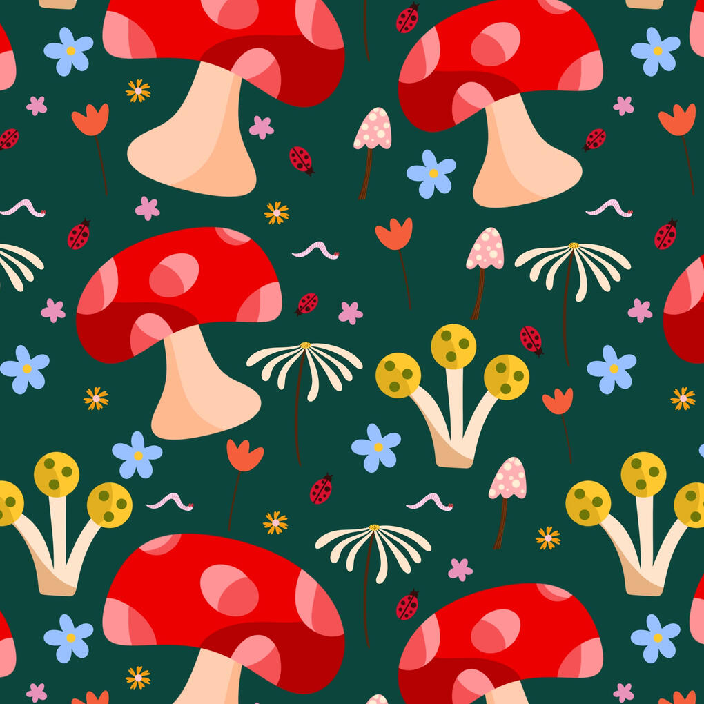 Retro mushroom surface pattern with red mushrooms, flowers and small botanical motifs on a dark green background.