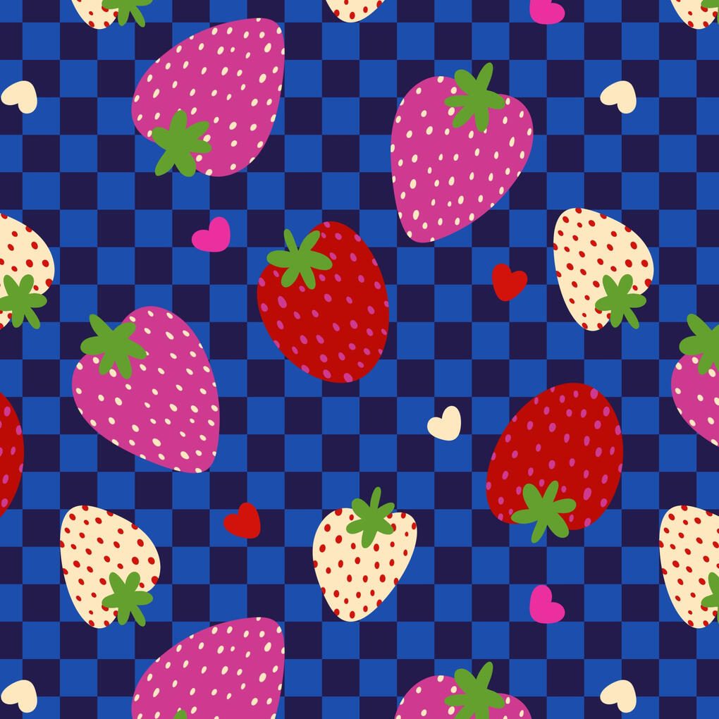 Retro Strawberries Dark blue checkerboard background with bold colored strawberries in reds, purples and cream.