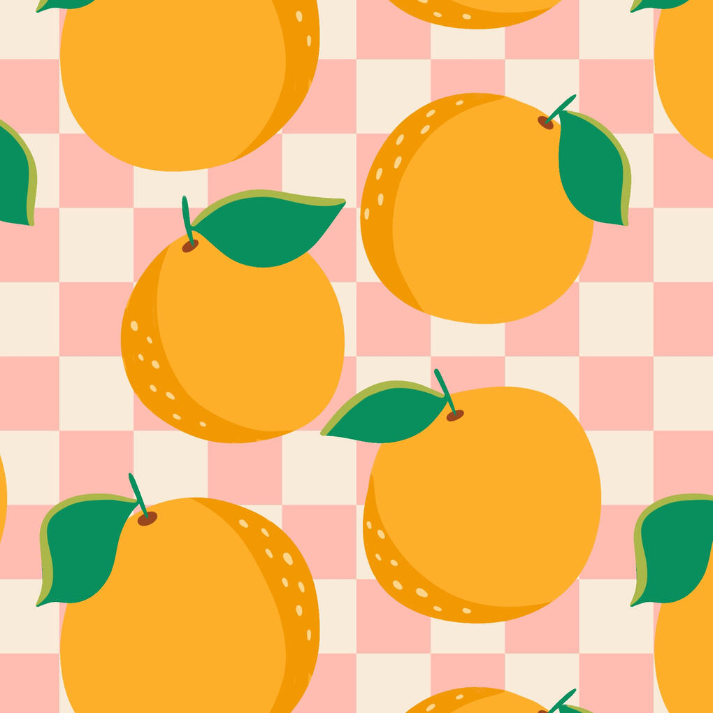 Oranges Light pink retro checkerboard background with orange oranges and leaves.