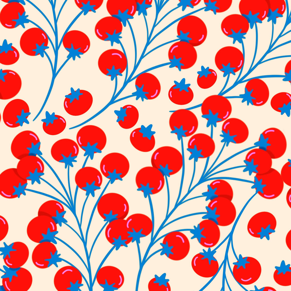 Tiny red tomatoes on a blue vine pattern.