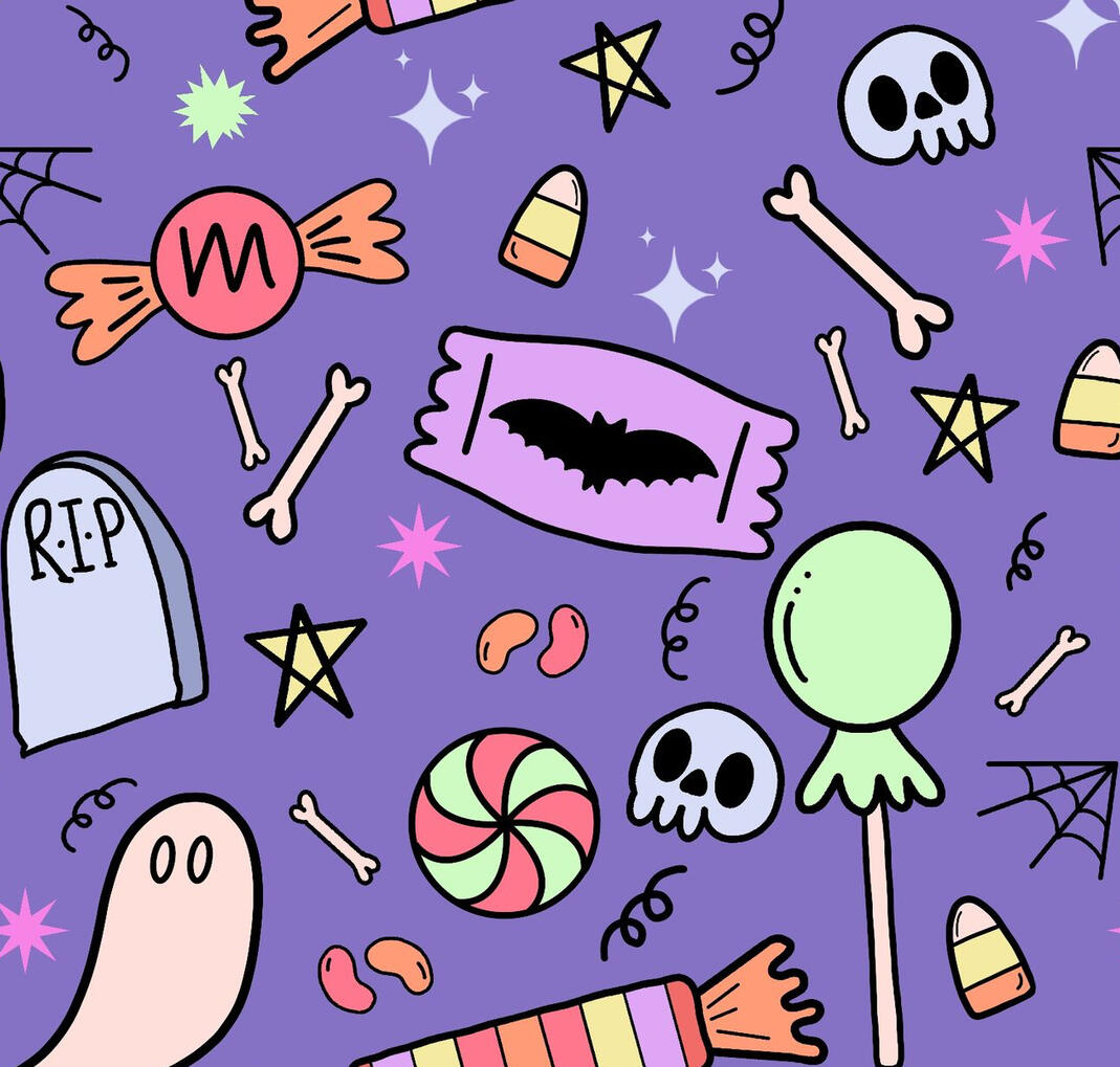 Spooky ghosts, skulls and colorful Halloween candy.
