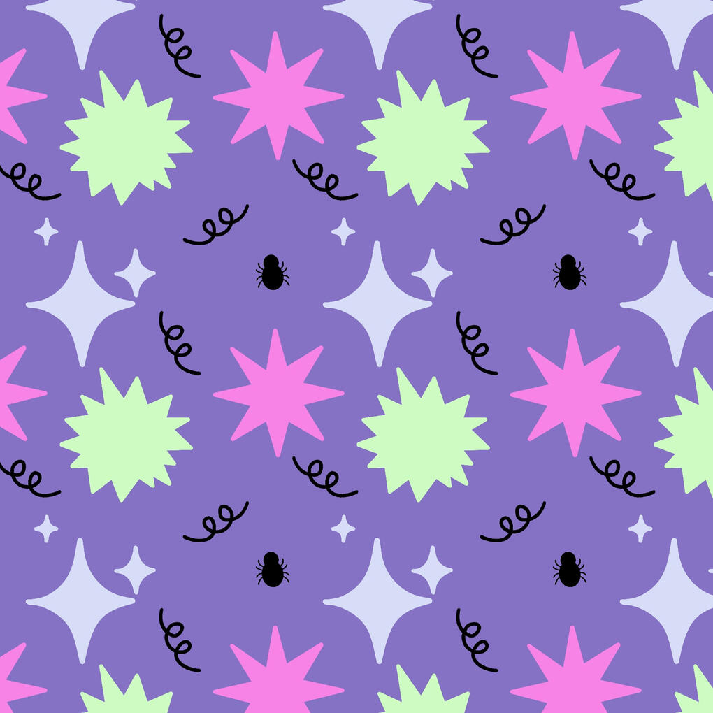 Halloween starburst pattern in purples and pastel green.