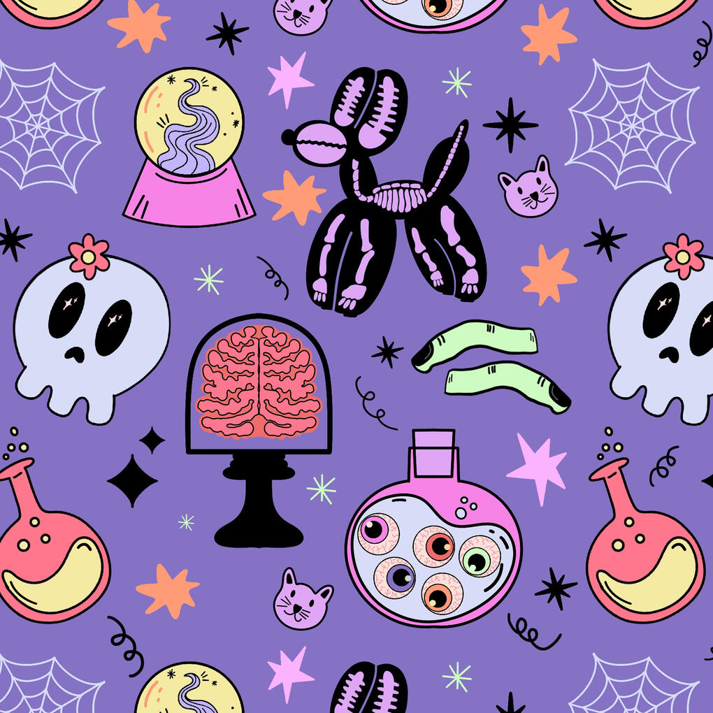 Purple background with illustrated balloon dog skeletons, brains, potions and skulls in a pastel color Halloween pattern.
