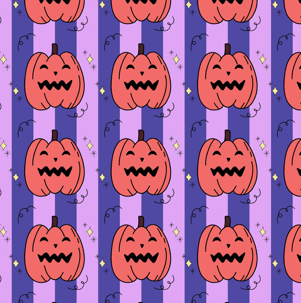 Cute Halloween jack-o’-lanterns pattern with black squiggles on purple stripe background.