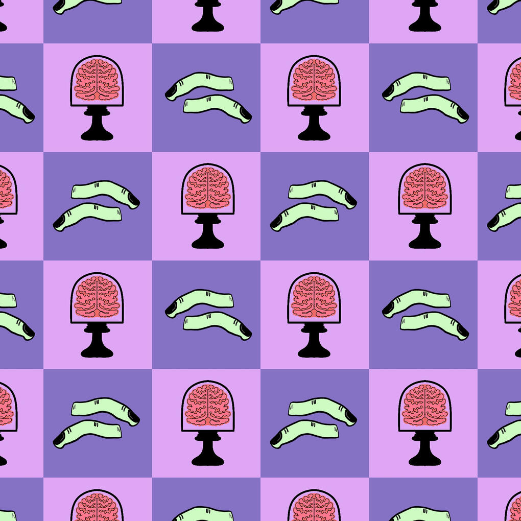Halloween checkerboard pattern with brains a severed fingers in pastel colors.