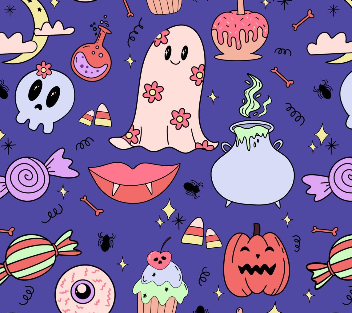 Dark purple background with cute retro ghosts, pumpkins, spooky cupcakes and more in pastel colors.