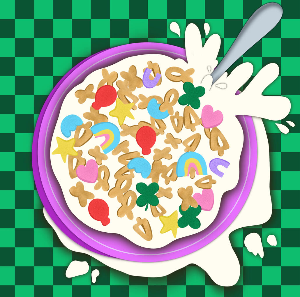 Marshmallow Cereal Green checkerboard background with a bowl full of milk filled with colorful marshmallows in fun shapes & cereal.