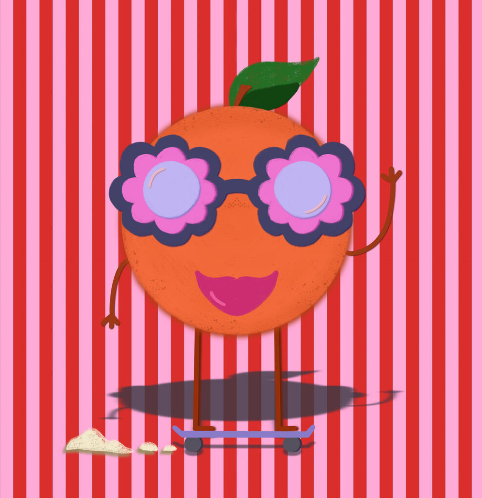 A orange imagined as a skater wearing purple flower shaped sunglasses riding a skateboard and waving on a pink and red striped background.