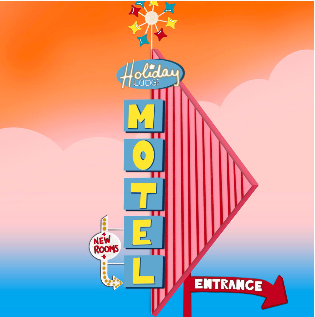 Holiday Lodge Motel Sign Vintage holiday lodge motel sign against orange and blue Gradient sunset background a white clouds