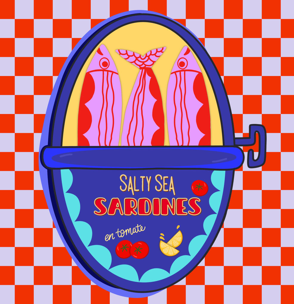 Retro inspired checkerboard background in red and light purple with a blue sardine can featuring hot pink and red sardines.