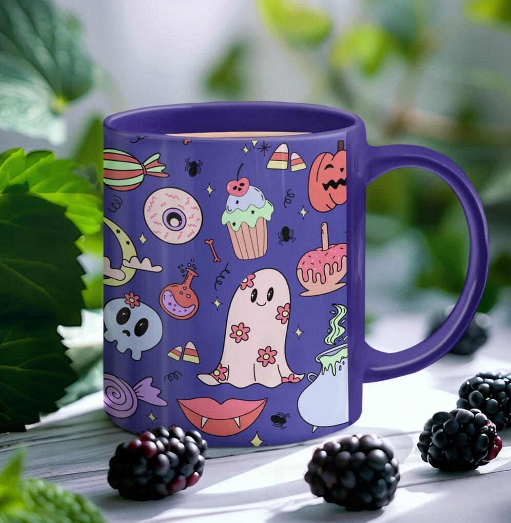 Halloween mug with retro flower ghosts and treats in pastel colors.