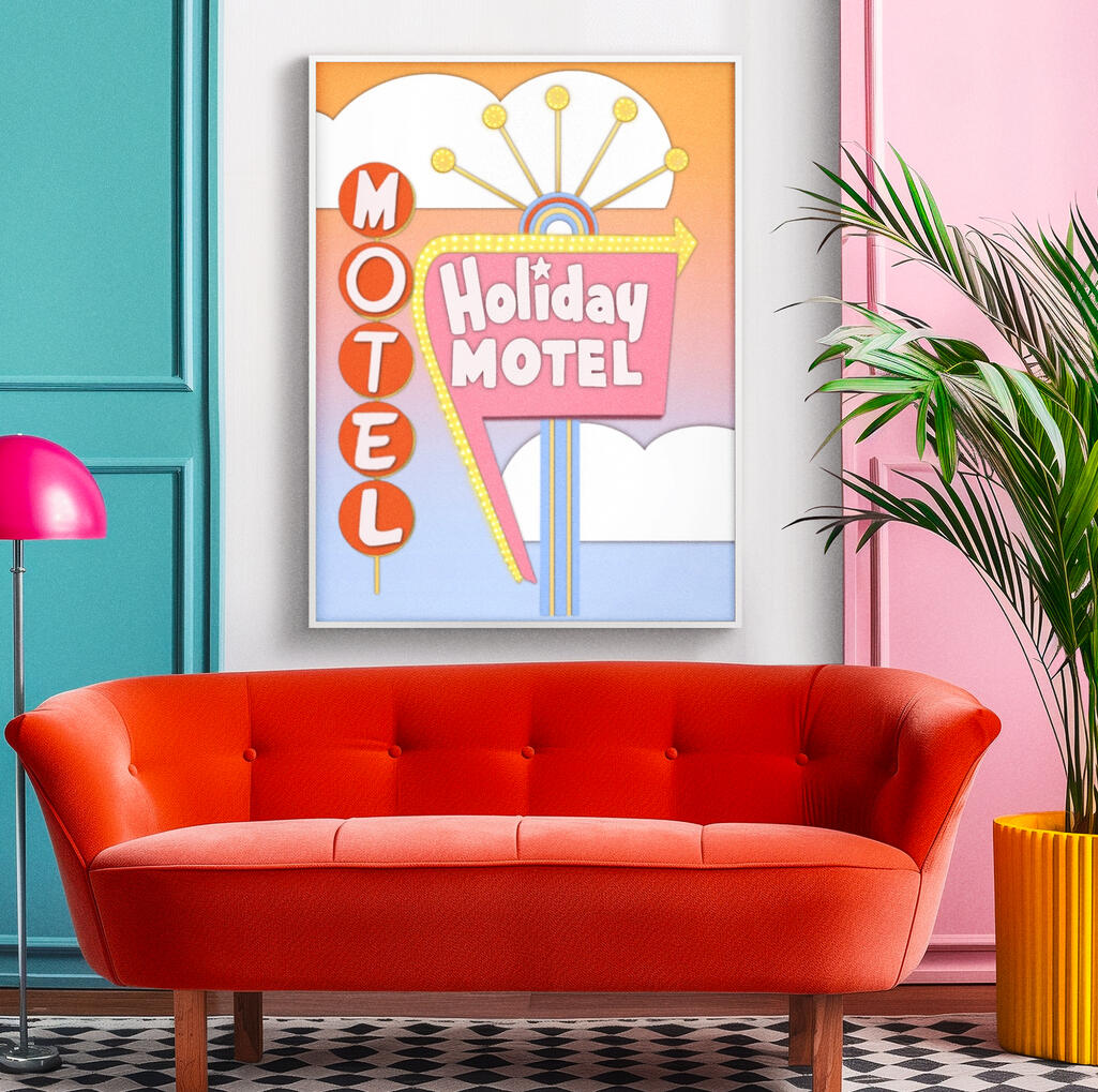 Retro hotel sign poster in pastel colors floating in clouds.