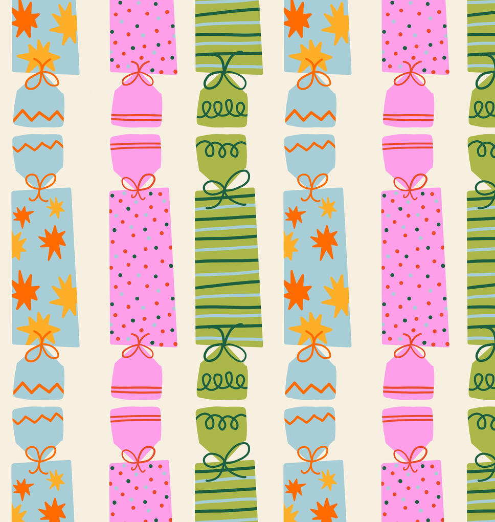 Christmas poppers in pink, blue and green.
