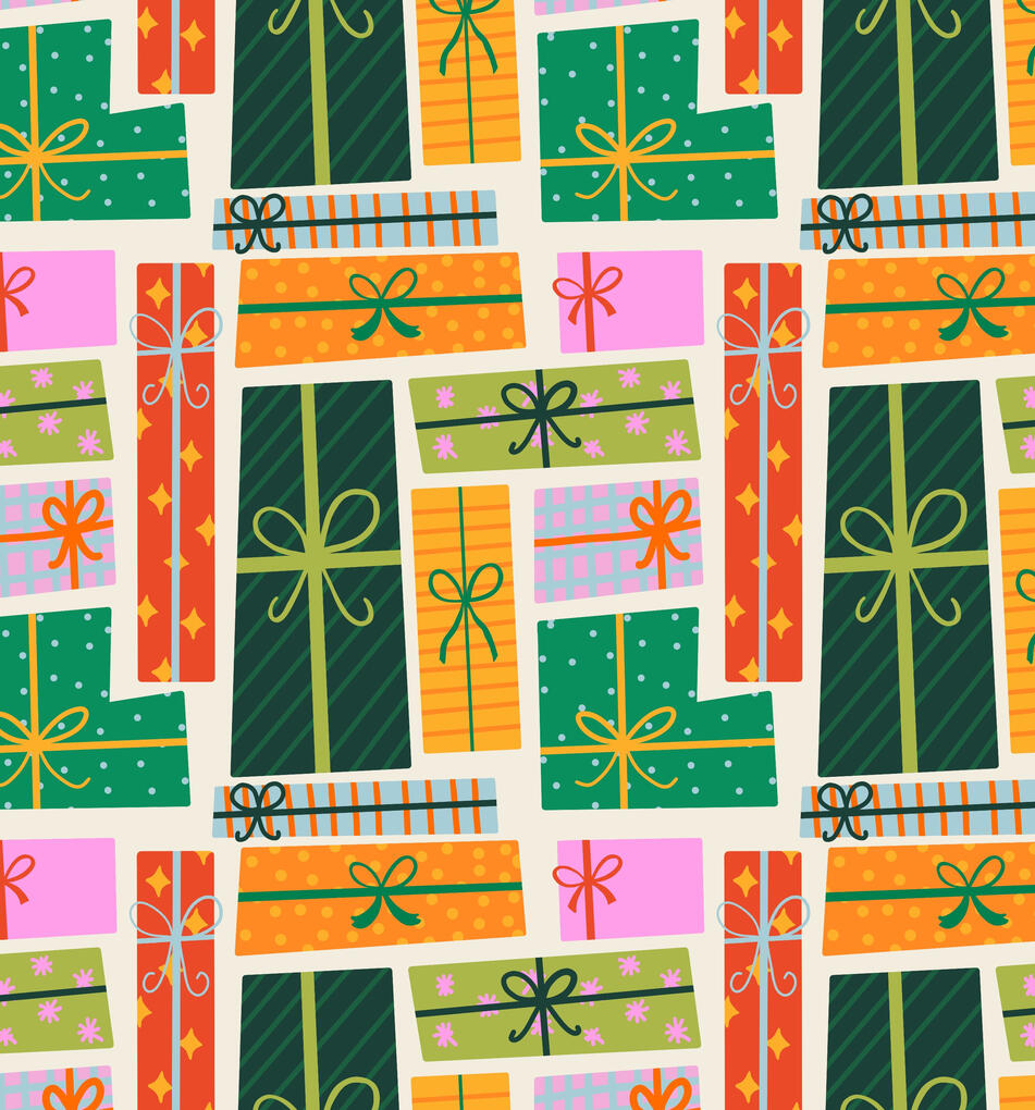 Quirky shaped holiday gifts with bright bold colors and colorful ribbons in reds, greens and yellows.