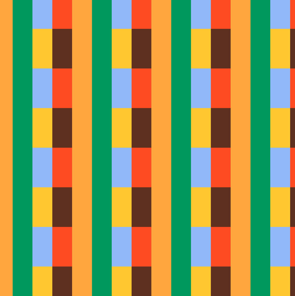 A vibrant retro vertically geometric pattern with bright colors of orange, red, yellow, green and brown, creating an optical layered design.