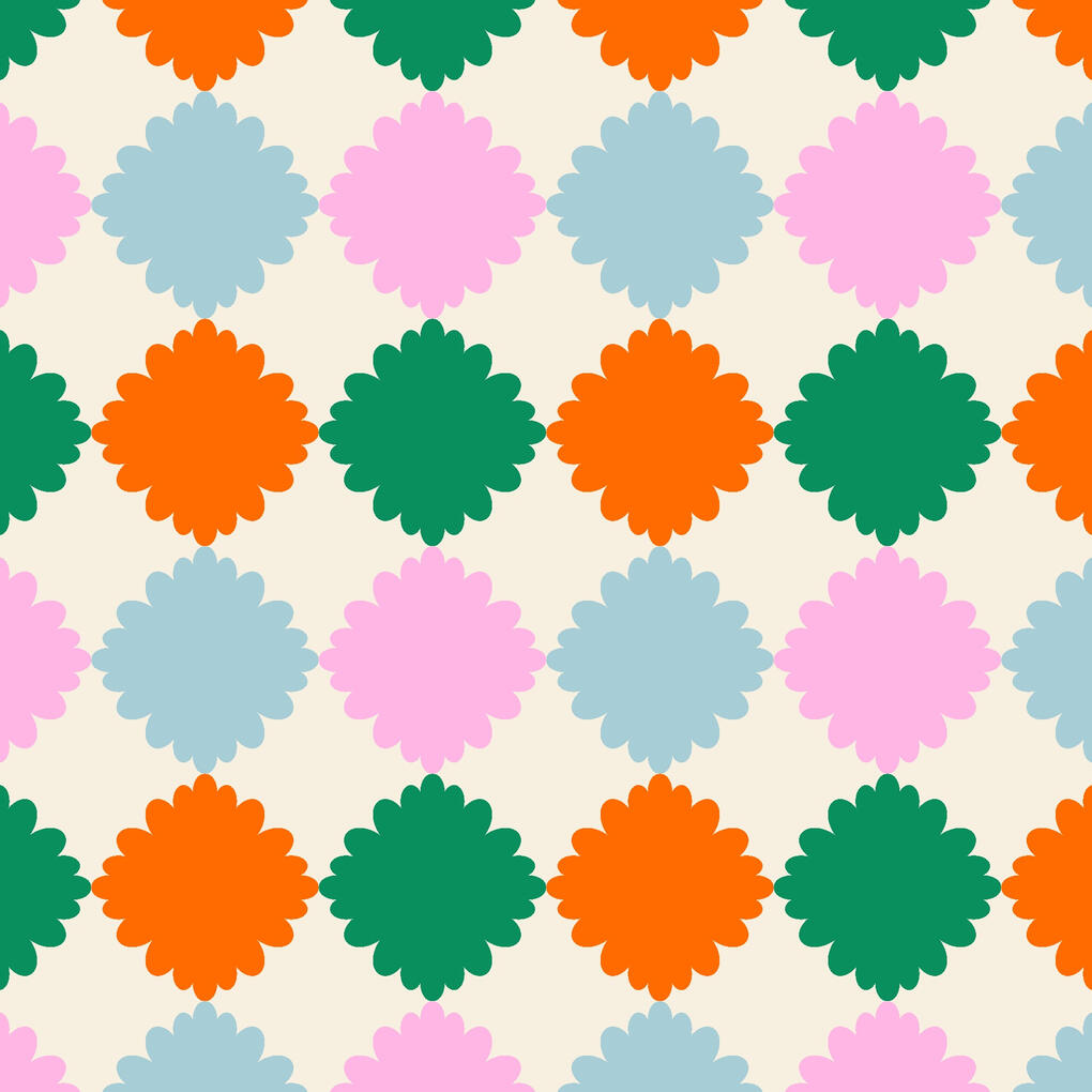 Wavy retro pin pin pattern in pink, pastel blue, green and orange on cream background.