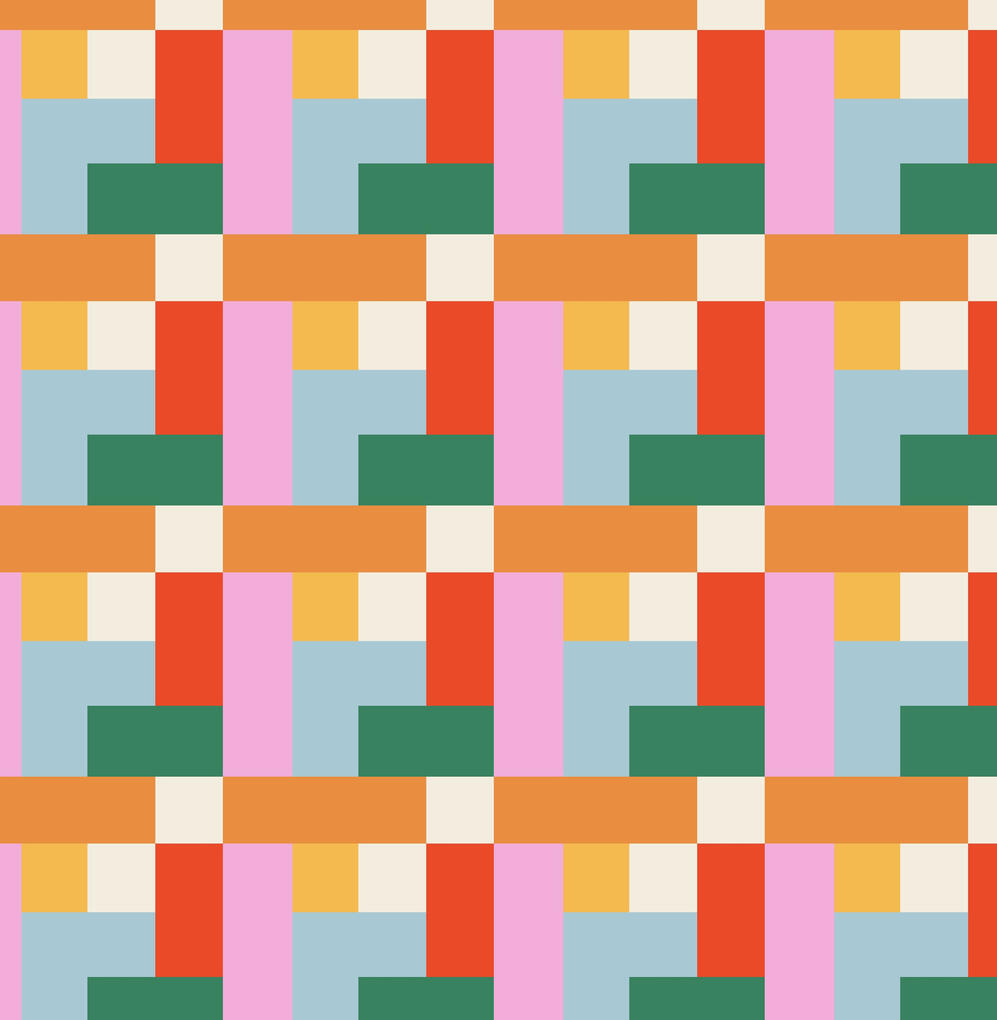 A seamless retro geometric pattern with a woven lattice design. Interlocking orange, lavender, bands with dark green and teal.