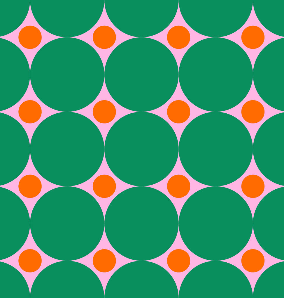 A striking geometric pattern with large bold green circles arranged together over a vibrant pink background. Small orange circles as accents intersecting giving it a retro mod, pop art style.
