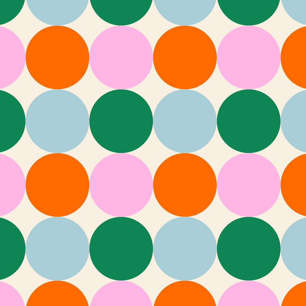 Cool retro pattern of circles in calming shades of pink, pastel blue, green and orange.