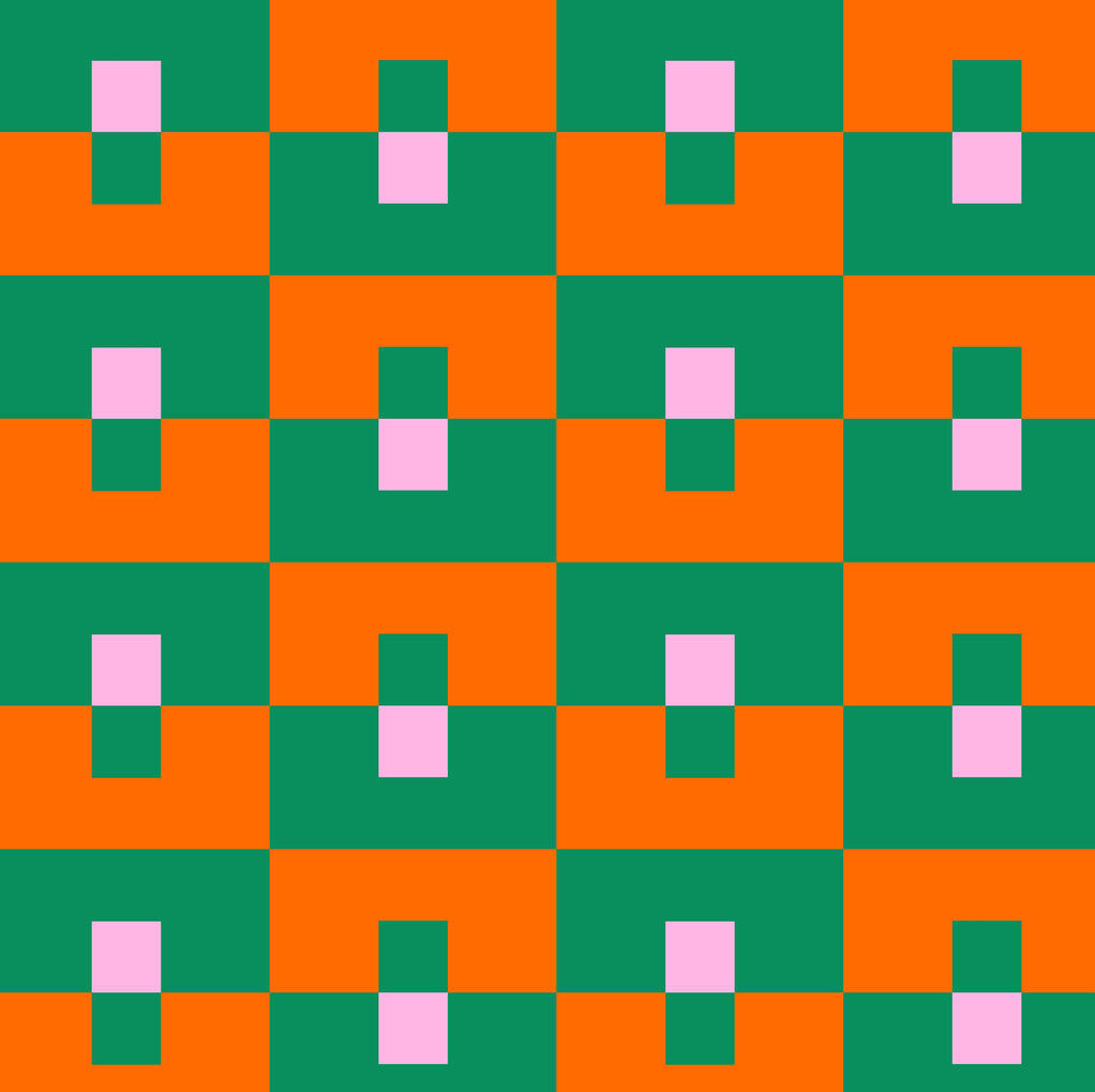 Checkerboard retro pixel A geometric checkerboard design in deep green and bright orange. Each colored block is accented by a smaller pink square creating a pixel effect.