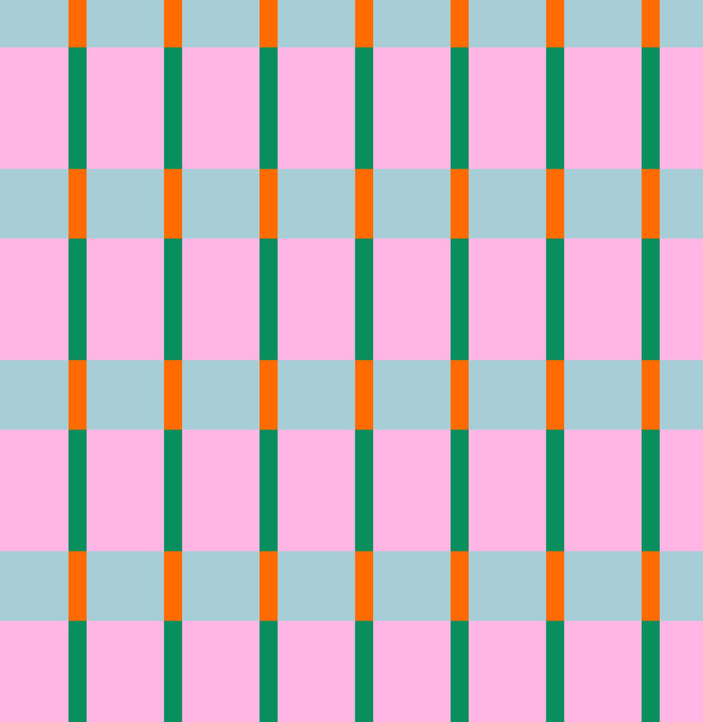 Retro plaid pattern against a pastel pink background with thin vertical lines of dark green a vibrant orange. Blue horizontal stripes give a mid century ribbon effect.