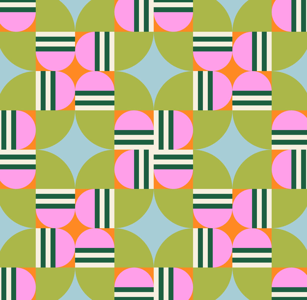 Intricate geometric retro pattern combining overlapping circular arcs in light blue, sage and pink.