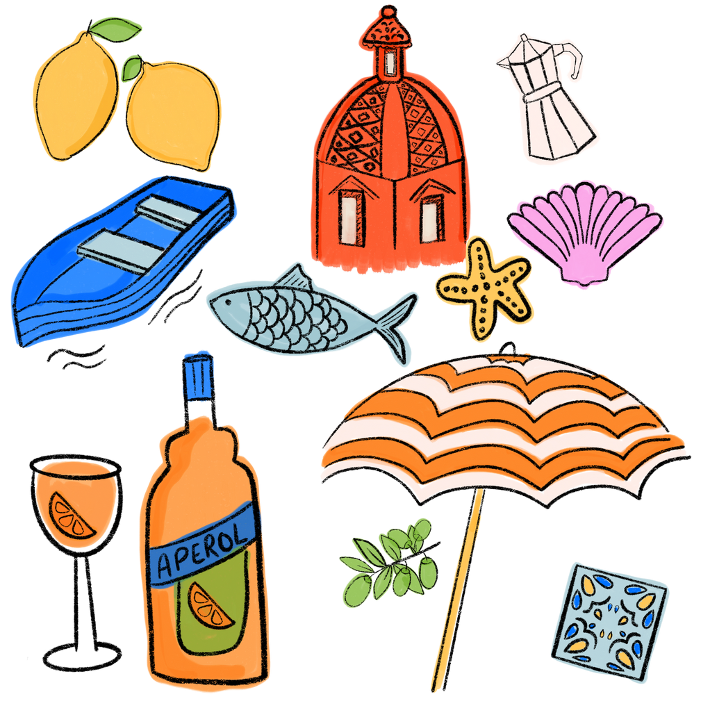 Colorful hand-drawn Amalfi Coast illustration featuring Mediterranean buildings, lemons, the famous orange beach umbrellas, refreshing Aperol and seaside details.