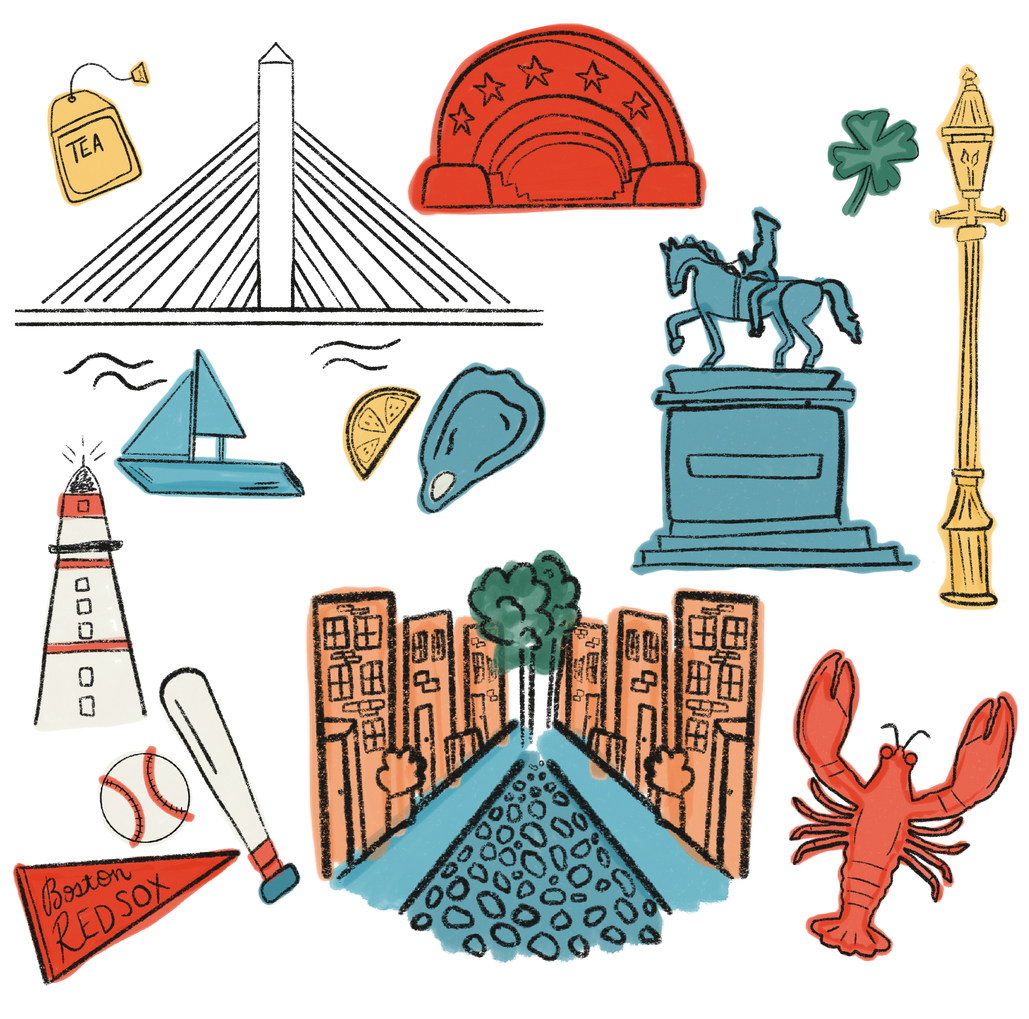 Hand-drawn Boston city illustration featuring iconic landmarks, architecture, local food and colorful Boston details.
