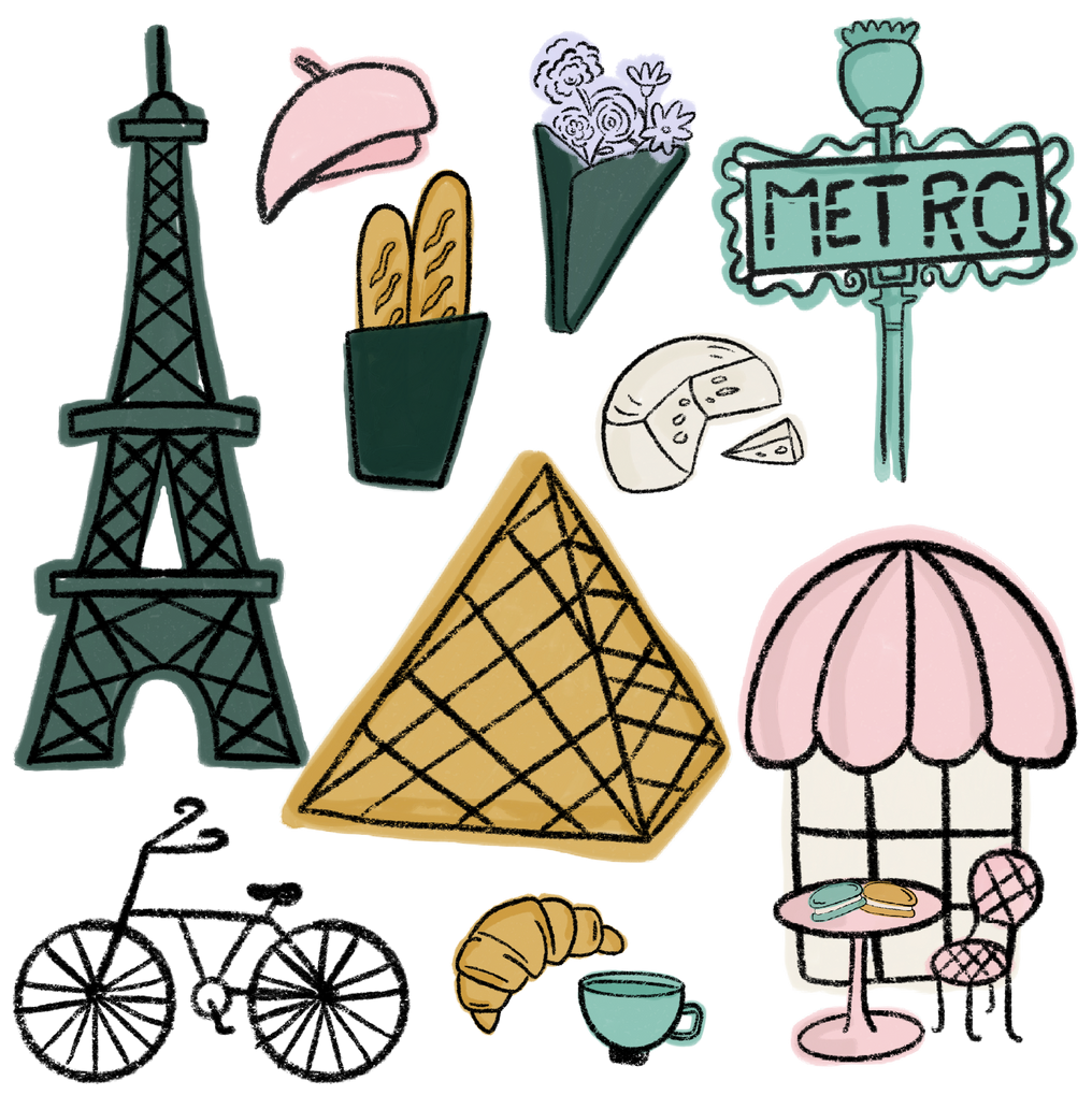 Whimsical hand-drawn Paris illustration featuring the Eiffel Tower, café, croissant, Metro sign and colorful French details.