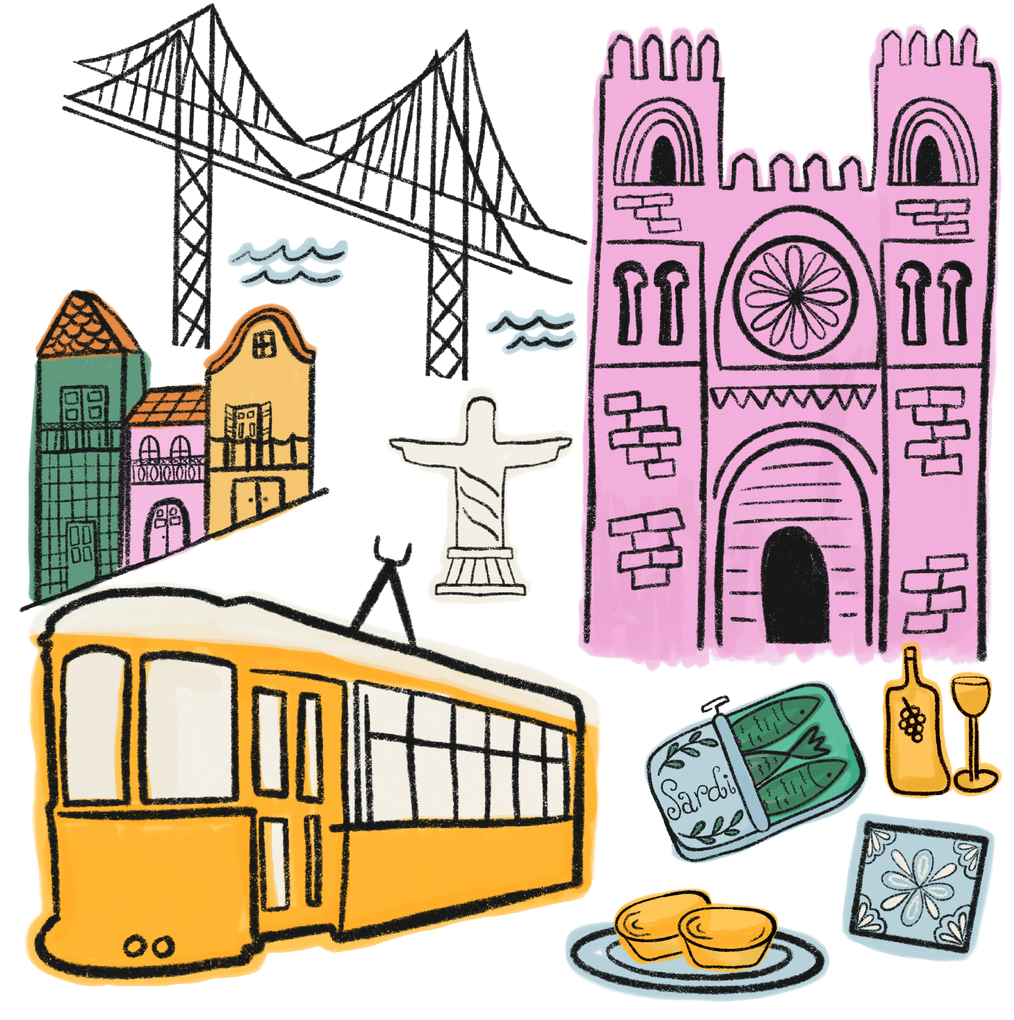 Whimsical hand-drawn Lisbon illustration featuring colorful buildings, Portuguese tiles, tram and local travel details.