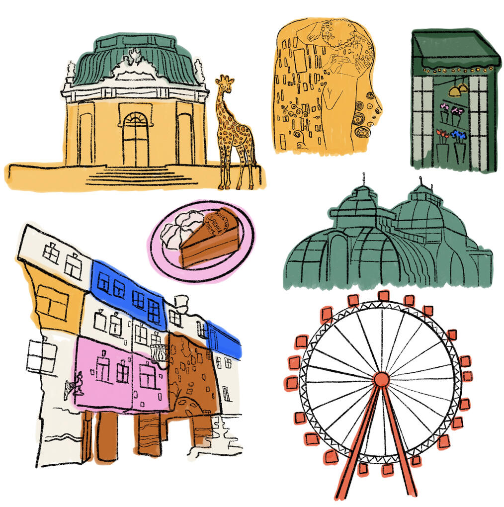 Vienna Whimsical hand-drawn Vienna illustration featuring historic architecture, Austrian landmark the prater Ferris wheel, sachertorte, Gustavo Klimt.