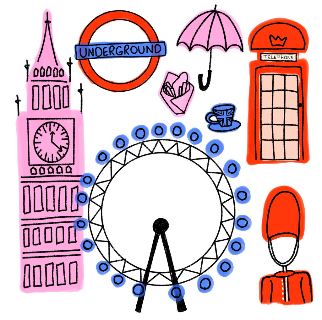 Colorful hand-drawn London illustration featuring iconic landmark Big Ben, a red telephone box, the London eye, the underground sign and many more fun details.