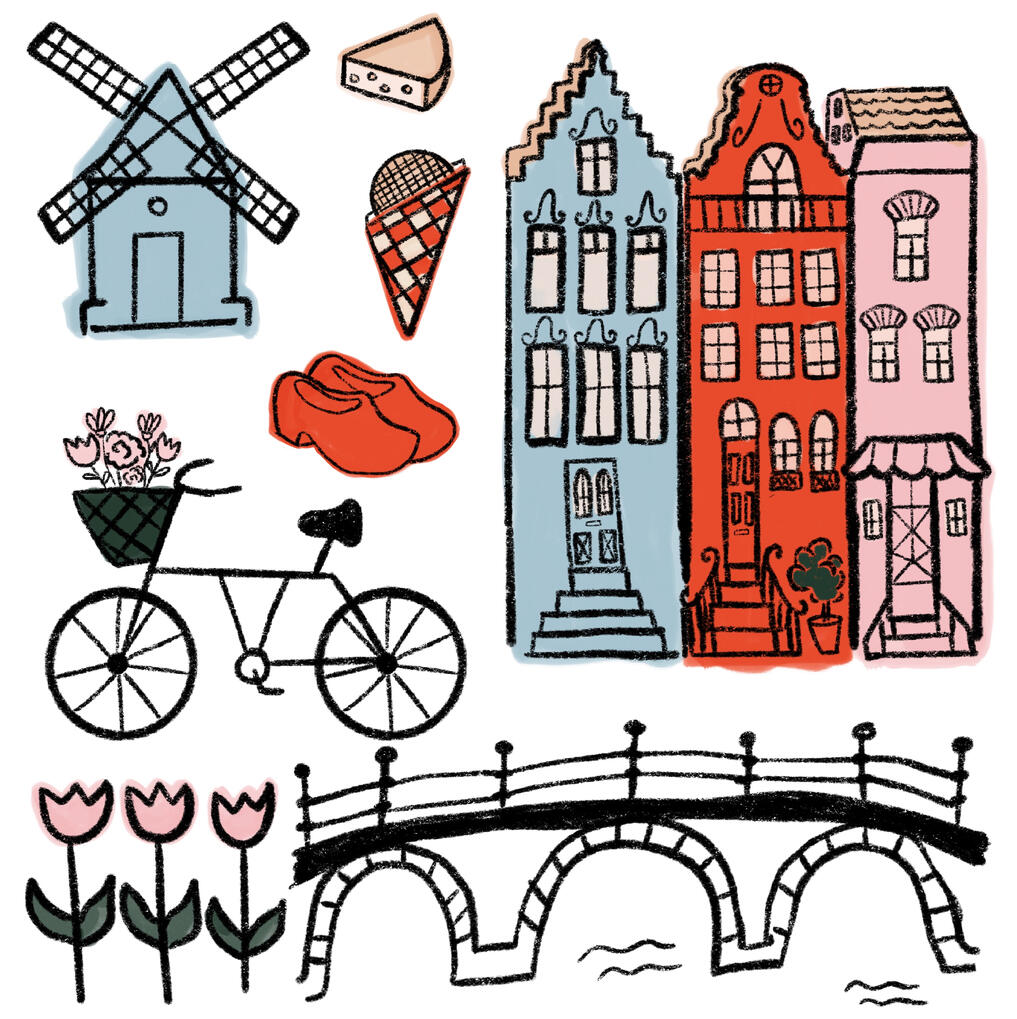 Amsterdam Whimsical hand-drawn Amsterdam city illustration featuring canal houses, bicycles, flowers and iconic local details like. Windmill and wooden clogs.