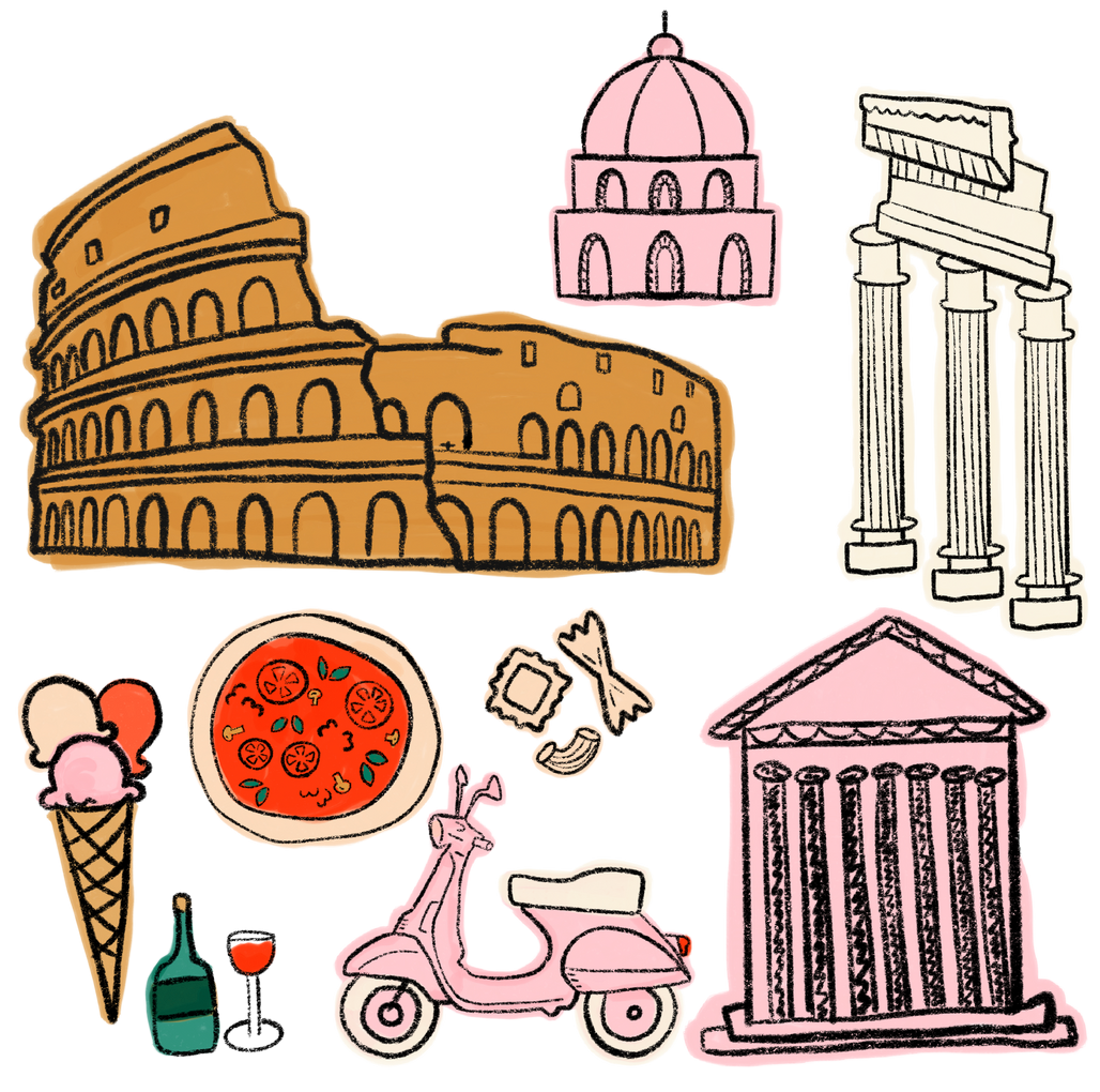 Rome Whimsical hand-drawn Rome illustration featuring historic landmarks like the colosseum, the forum, the Vatican, food, architecture and colorful local details.