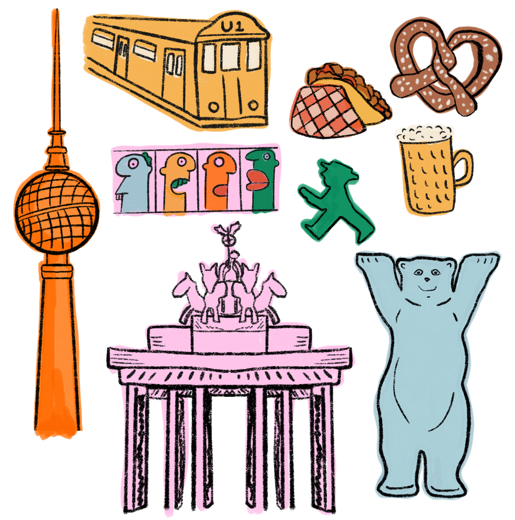Berlin Hand-drawn Berlin city illustration featuring iconic landmarks, the tv tower and brandenburger tor, famois doener kabob, Dee ample man and colorful local details.
