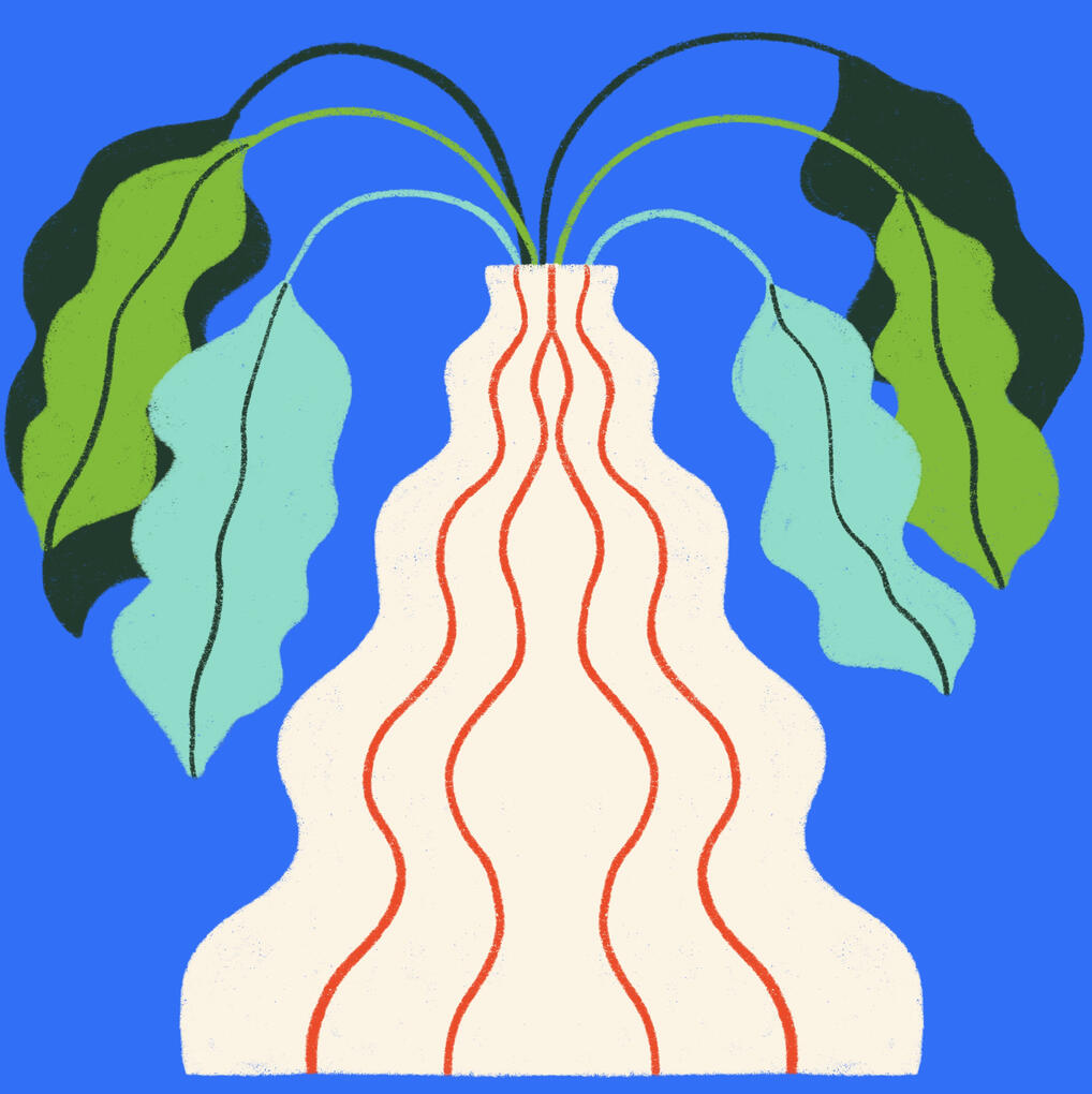 Leaves Wavy leaves of varying colors of greens in cream colored wavy vase with red vertical stripes on a blue background.